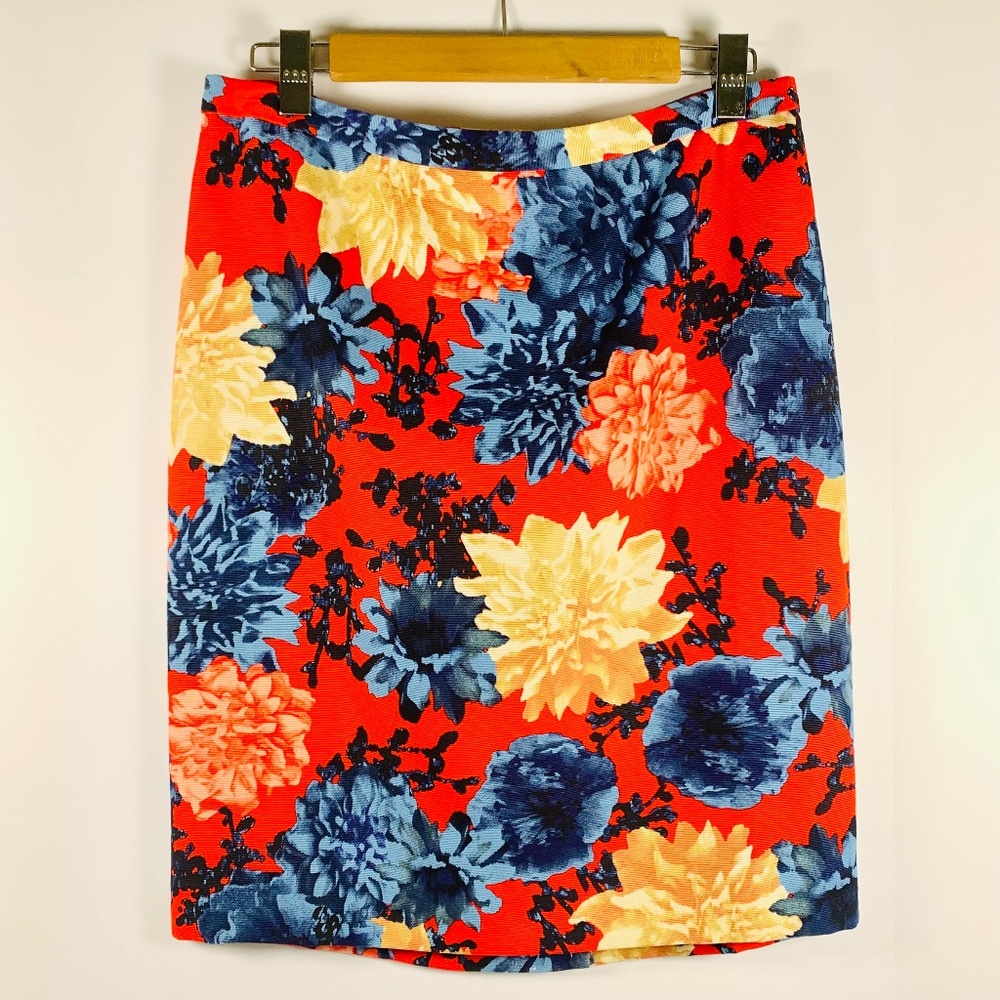TALBOTS Colorful Midi Pencil Skirt Red Blue Floral Back Slit Business Casual
